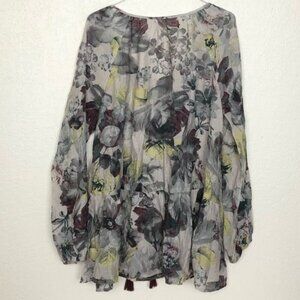 Mystree Gray Floral Long Sleeve Blouse Peplum Medium Top